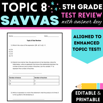Preview of 5th Grade Savvas/ enVision Math Topic 8 Test Review with Key