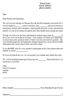 Preview of 5th Grade Sex Ed/Puberty Lesson Parent Letter Template
