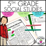 5th Grade Social Studies Choice Boards for Differentiation