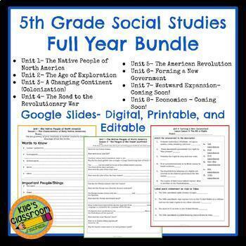 Preview of 5th Grade Social Studies Full Year Bundle- Notes, Vocabulary, Activity Worksheet