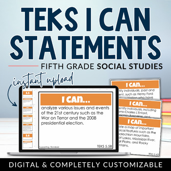 Preview of 5th Grade Social Studies TEKS I Can Statements Posters | Digital + Editable