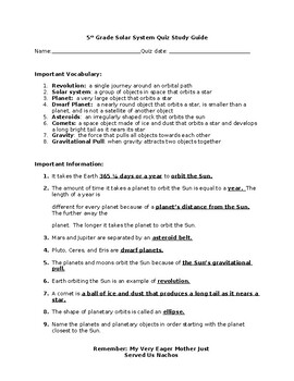 Preview of 5th Grade Solar System Quiz Study Guide (editable and fillable resource)