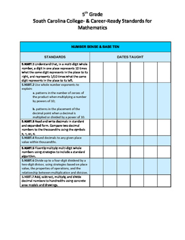 Preview of 5th Grade South Carolina College & Career Ready Standards for Math Checklist
