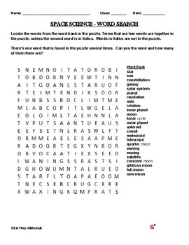 5th Grade Space Science Vocabulary Word Search by Start Smart Stay Smart