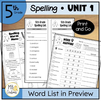 Preview of 5th Grade Spelling Word Practice Worksheets for iReady Magnetic Reading Unit 1