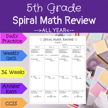 Preview of 5th Grade Bell Work Spiral Math Review-ALL YEAR!