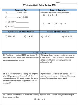 daily math spiral review 5th grade pdf
