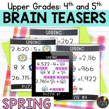 Preview of Spring Logic Puzzles 5th Grade Spring Brain Teasers Multiplication Long Division