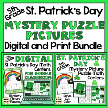Preview of 5th Grade St. Patrick's Day Math Mystery Puzzle Centers: Digital and Printable