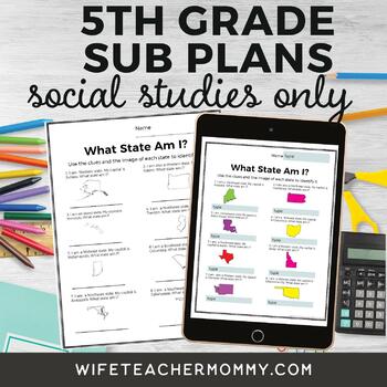 Preview of No Prep 5th Grade Sub Plans Social Studies Only- Print & Digital Bundle
