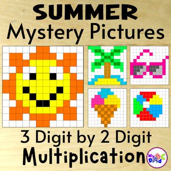 Preview of Summer 3 Digit by 2 Digit Multiplication Color by Number Mystery Pictures