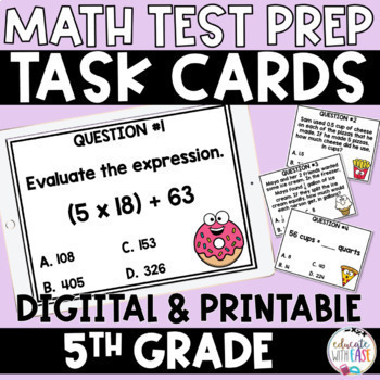 Preview of 5th Grade Test Prep MATH TASK CARDS Google Slides, Google Forms, & Printable