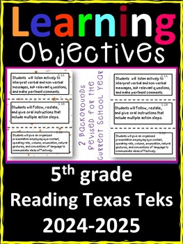 5th Grade Texas TEKS Reading/ Writing Learning Objectives Cards  Color