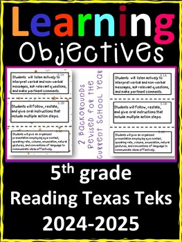 Preview of 5th Grade Texas TEKS Reading/ Writing Learning Objectives Cards | Color & B&W