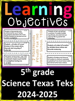 Preview of 5th Grade Texas TEKS Science Learning Objectives Cards | Color & B&W