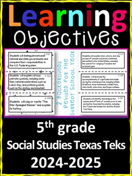 Preview of 5th Grade Texas TEKS Social Studies Learning Objectives Cards | Color & B&W