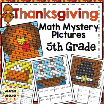 Preview of 5th Grade Thanksgiving Math Mystery Pictures: Math Color By Number Activities