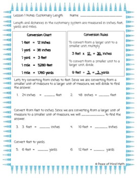 Preview of 5th Grade Unit 11 Lesson 1 Notes & Homework Customary Length Conversions