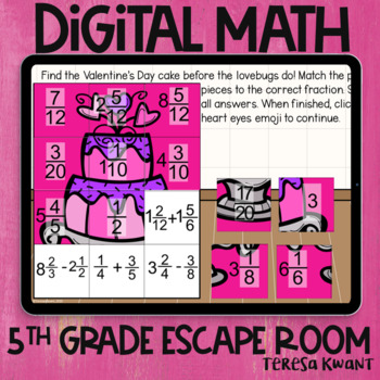 Preview of 5th Grade Valentine's Day Fractions Math Digital Escape Room | Distance Learning