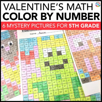 Preview of 5th Grade Valentine's Day Math Activities Coloring by Number Worksheet Pages Fun