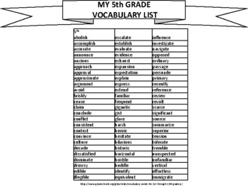 Preview of 5th Grade Vocabulary List and Activities