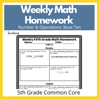 Preview of 5th Grade Weekly Math Homework Place Value Decimals Multiplication and Division