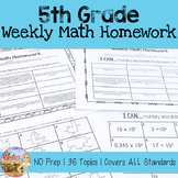 5th Grade Weekly Math Homework Year-Long Set