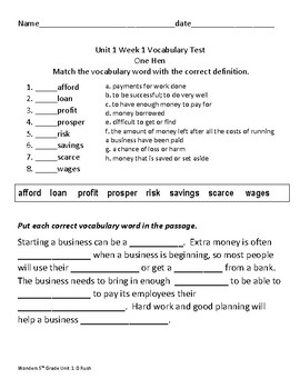 Preview of 5th Grade  Wonders 2014-17 Mc Grawhill Unit 1 Weeks 1-5  Vocabulary Tests-