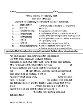 Preview of 5th Grade Wonders 2014-17 Mc Grawhill Unit 3 Weeks 1-5 Vocabulary Tests