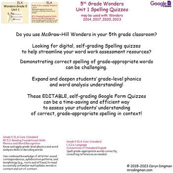 Preview of 5th Grade Wonders Unit 1 Digital Spelling Tests Using Self Grading Google Forms