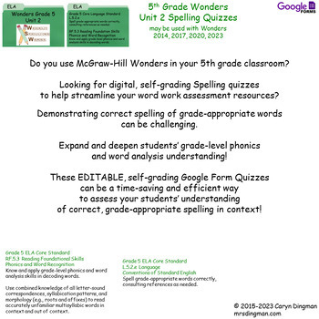 Preview of 5th Grade Wonders Unit 2 Digital Spelling Tests Using Self Grading Google Forms