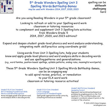Preview of 5th Grade Wonders Spelling Unit 3 Spelling Words Battleship Games