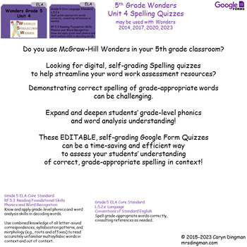 Preview of 5th Grade Wonders Unit 4 Digital Spelling Tests Using Self Grading Google Forms