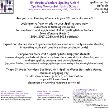 Preview of 5th Grade Wonders Spelling Unit 4 Spelling Words Battleship Games
