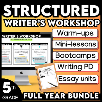 Preview of 5th Grade Writer's Workshop FULL YEAR Warmups, Prompts, Essays, CER, PD Videos