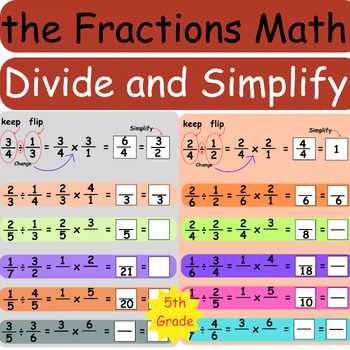 Preview of 5th Grade the Fractions Math Worksheet Divide and Simplify