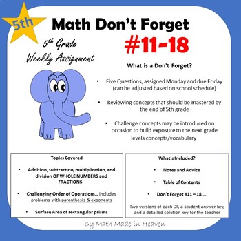 Preview of 5th Math - Weekly Assignment - DON'T FORGET! Weeks #11-18