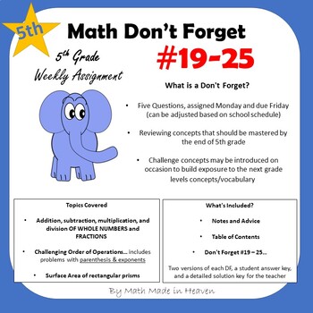 Preview of 5th Math - Weekly Assignment - DON'T FORGET! Weeks #19-25