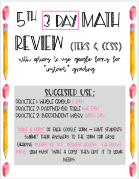 Preview of Distance Learning 5th Math Review 3 Day (Digital Compatibility, TEKS & CCSS)