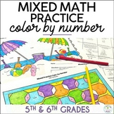 5th and 6th Grade Mixed Math Review Color by Number Summer Theme
