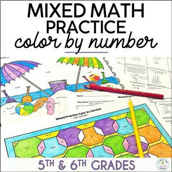 Preview of 5th, 6th Grade Math Review Color by Number Summer Coloring Sheets Mixed Practice