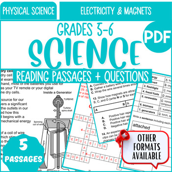 Preview of 5th and 6th Grade Physical Science Reading Comprehension Electricity and Magnets