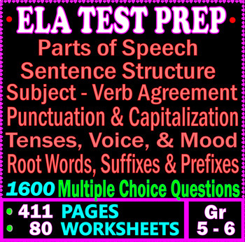 Preview of 5th and 6th grade ELA Test Prep Bundle. 1600 MCQs. 80 Grammar Worksheets