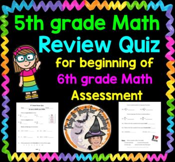 Preview of 5th grade Math Review QUIZ for Beginning of 6th grade Back to School + KEY