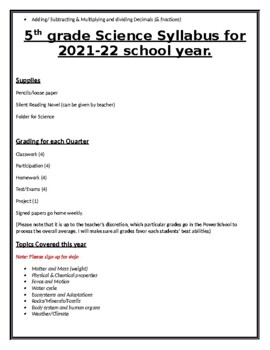 Preview of 5th grade Math and Science Syllabus (full year)