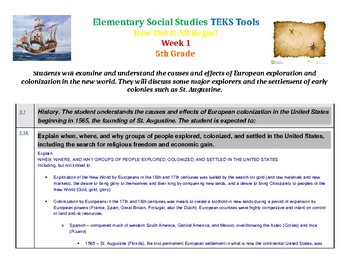 Preview of 5th grade- Studies Weekly Elementary Social Studies TEKS Tools- Week 1