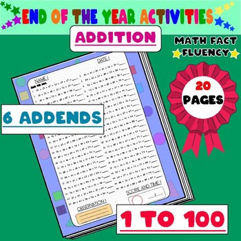 Preview of 6 Addends fun math worksheets end of the year 6th grade Vol 05 - Very-Hard