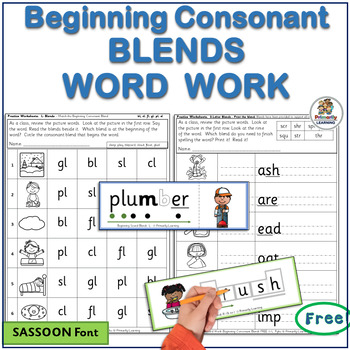 Preview of 6 Beginning Consonant Blends Activities and Worksheets FREE - SASSOON Font