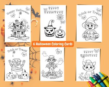 Preview of 6 Coloring Halloween Greeting Cards, Kids Coloring Halloween Cards