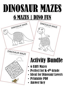 6 Dinosaur Mazes | Easy Printable Worksheets | Dino Activity Games